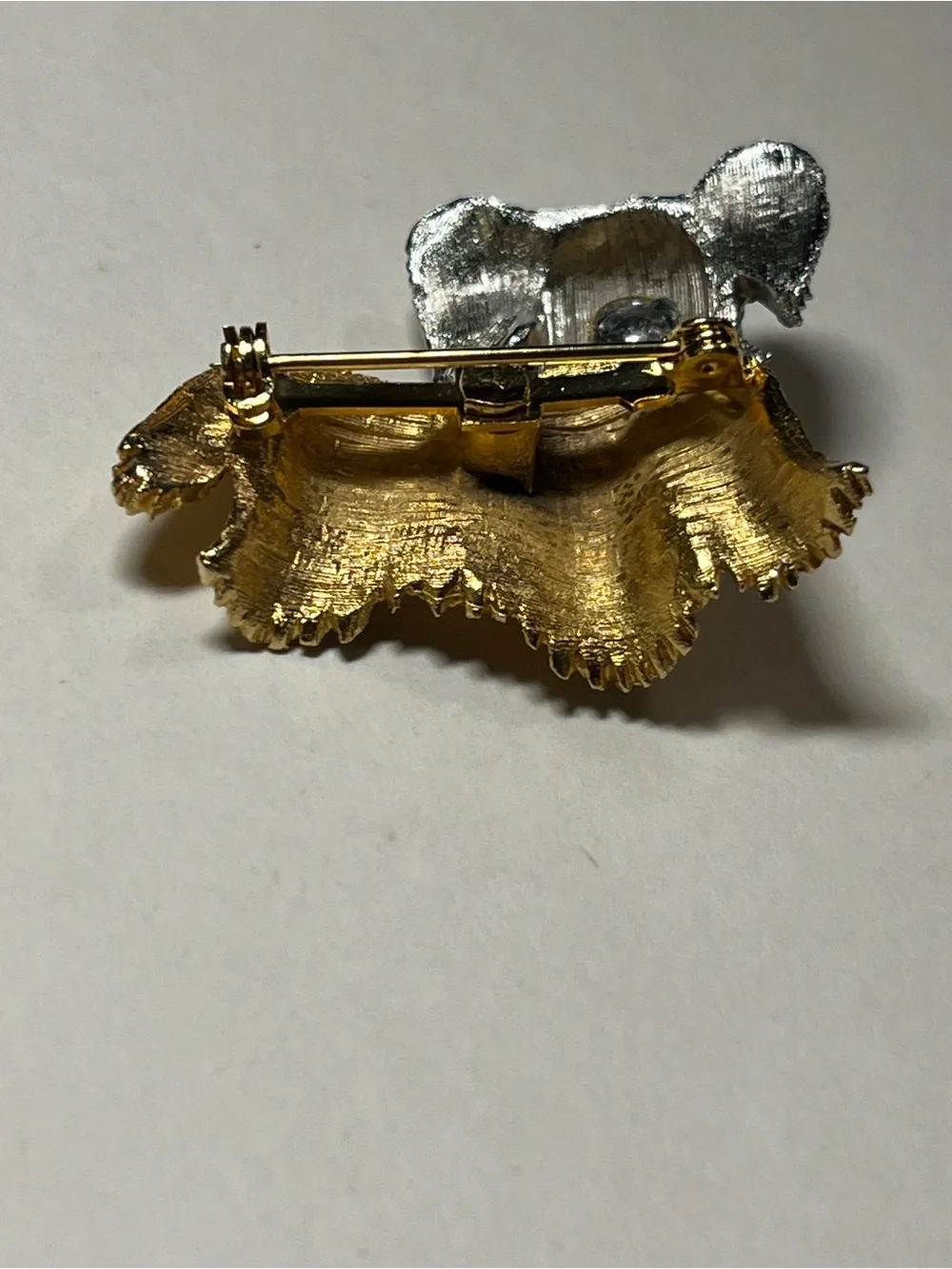 VTG Puppy Dog Brooch, Gold- & Silver-Toned, 6 Rhinestones & Red Enamel Tongue